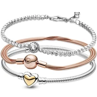 100 925 sterling silver rose multi domed golden heart clasp snake chain halo tennis bracelet fit pandora bead charm diy jewelry