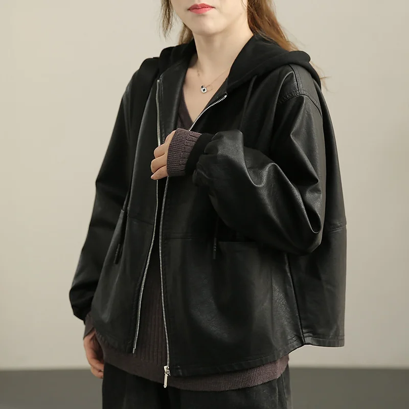 Women's Loose  PU Leather Jacket Short Spring Autumn Hooded Casual Motorcycle Windbreaker Female Coat New Arrivals  Yalabovso