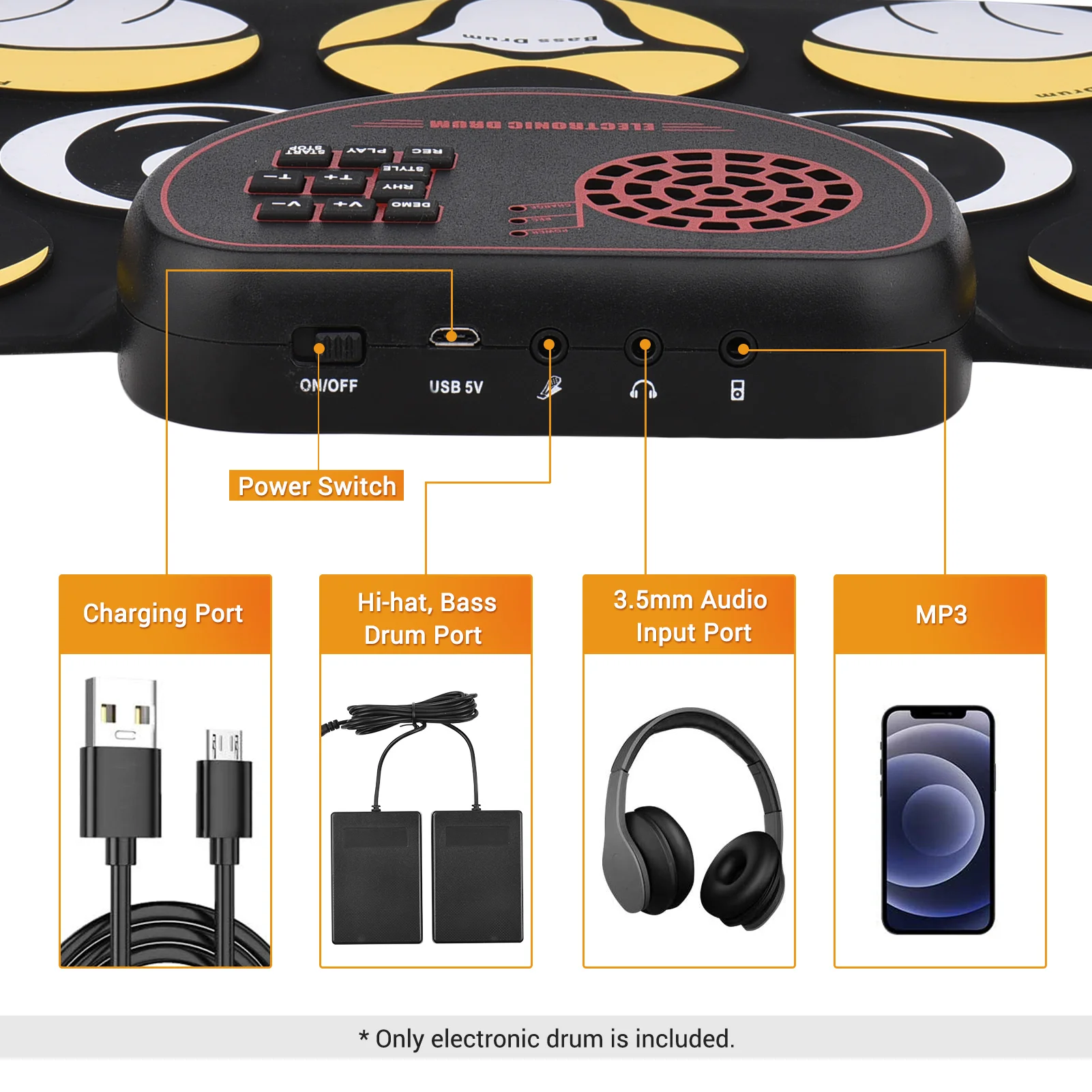 

Muslady Electronic Drum Set Portable Roll Up Drum Practice Pad with Built-in Speaker Headphone Jack Foot Pedals Drumsticks