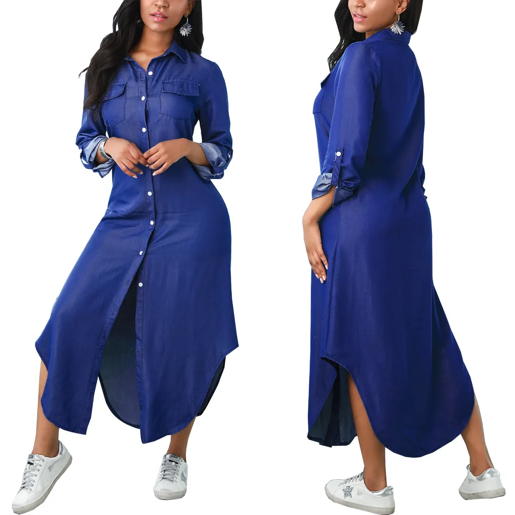

Fashion Commute Maxi Dress for Women Sexy Long Sleeve Turn-down Collar Straight Dress Blue Denim Irregular Split Button Vestidos