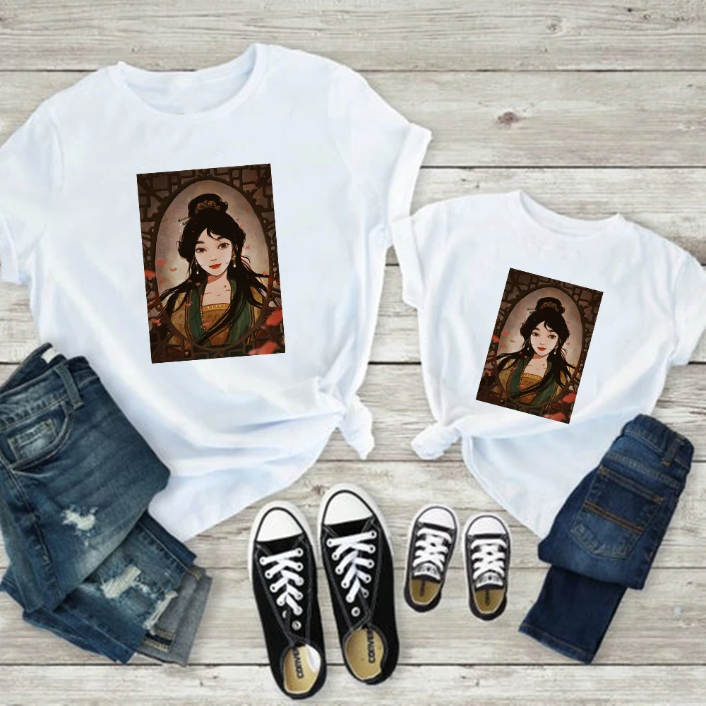 Mulan Printed T Shirt Women Summer Harajuku Children Tops Casual O-neck Mommy and Me Tshirt Family Look Outfits Dropship