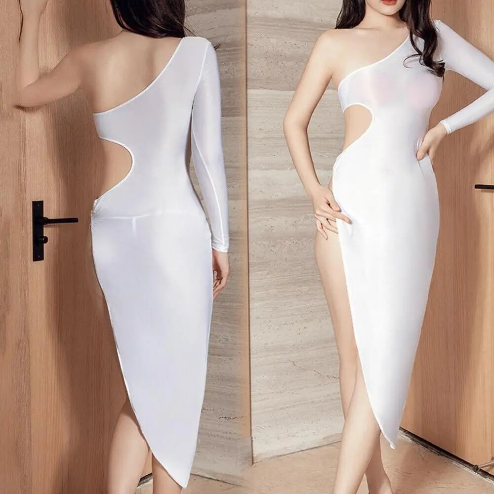 

Женское сексуальное прозрачное платье с высоким разрезом, асимметричная танцевальная одежда на одно плечо с вырезами