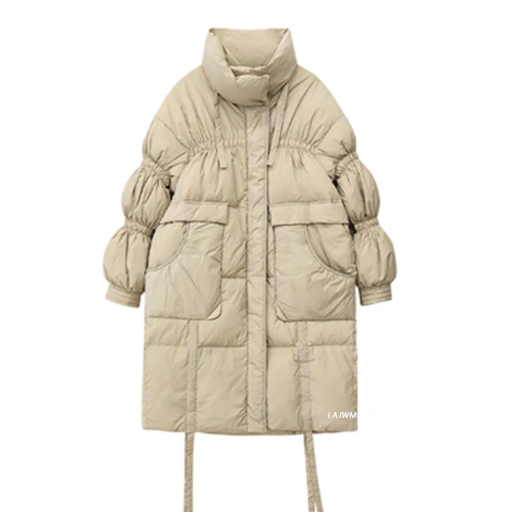 

Women Long Down Jacket A-Lined Autumn Winter Casual Loose Over Size Coat Warm Outwear with Hood 2021 New