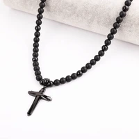 new punk style men necklace natural stone beads tiger eye matte onyx 316l stainless steel cross rosary jesus necklace men