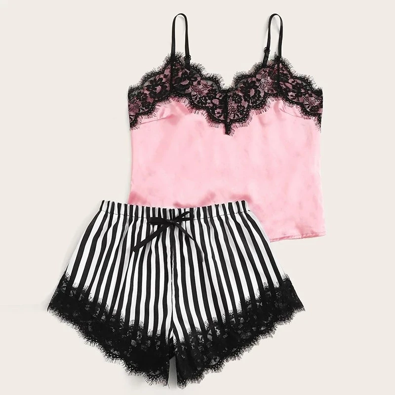 

Lace Sexy Pajamas Set Womem Silk Satin Lingerie V Neck Sleeveless Shorts Sleepwear Summer Girls Casual Home Suit Dropshipping