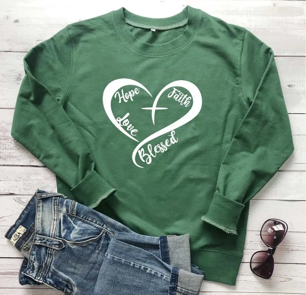 

Heart Cross Hope Faith Love Blessed religion women fashion sweatshirt young pure cotton Christian Bible baptism gift top L486
