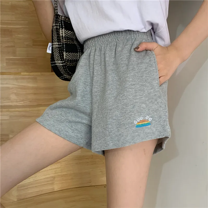 

Shorts Women Students Korean-style Simple Elastic Chic New Summer Loose Wide-leg High-waist Solid Embroidery Trendy New Fashion