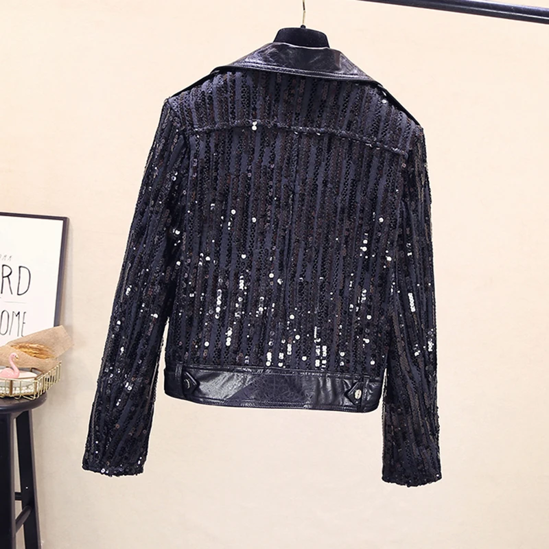 Женская короткая мотоциклетная куртка из ПУ кожи с блестками | одежда