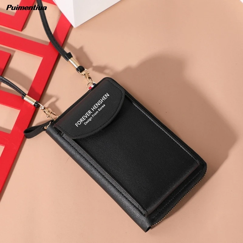 

2021 Women Wallet Solid Color Leather Phone Bag Shoulder Straps Messenger Bag Big Card Holders Wallet Handbag Pocket Girls Pouch