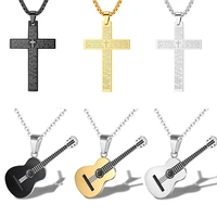 fashion stainless steel jewelry necklace for women men cross guitar pendant choker clavicle chain party daily simple gift collar
