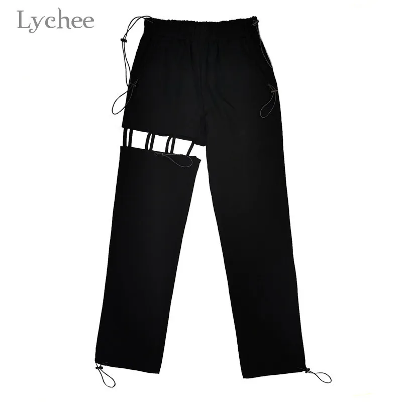 

Lychee Harajuku Hollow Out Black Women Cargo Pants High Waist Streetwear Loose Trousers Fashion Autumn Lady Pants
