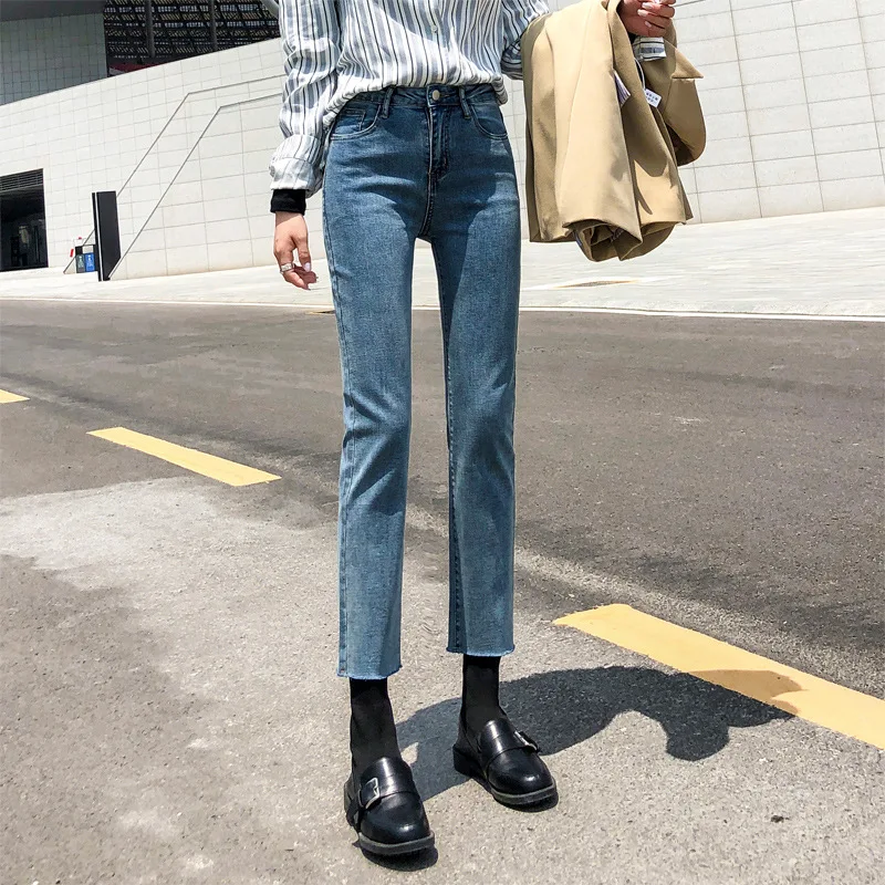 

2021 Spring and Autumn New Exquisite Straight Jeans Women's High Waist All-match Smoke Pants Stretch Fashion Thin Nine Pants