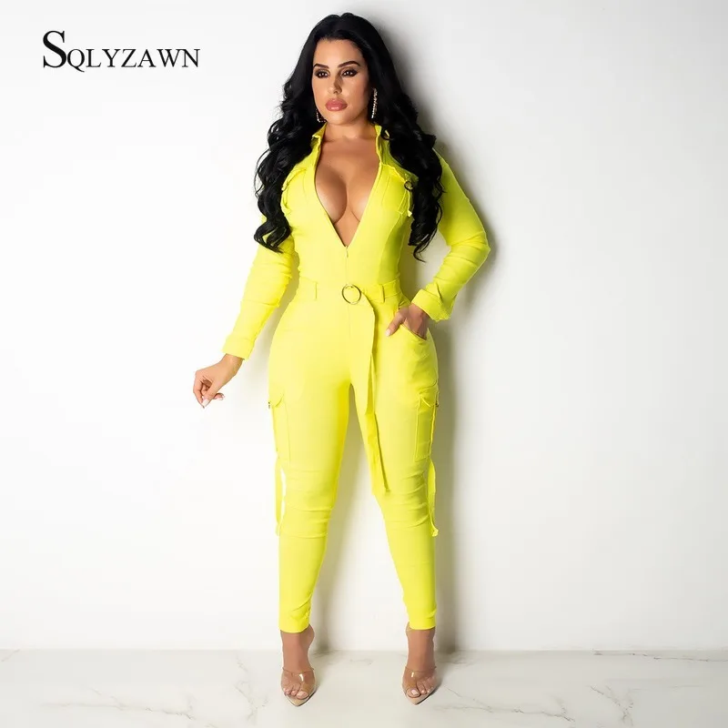 Комбинезон женский однотонный с поясом уличная одежда облегающие брюки карго