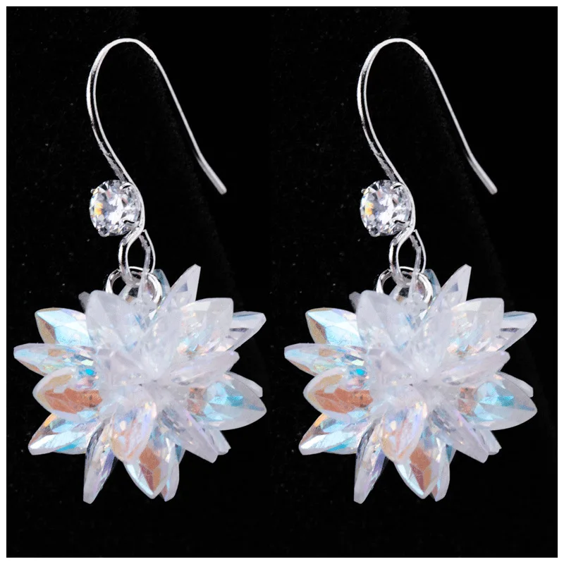 

100% Real 925 Sterling Silver Clear Flower Crystal Dangle Earrings Fashion Jewelry For Women Girls Lady Gift