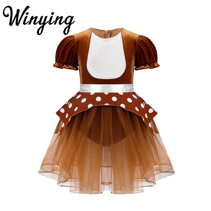 

Cute Infant Baby Girls Christmas Costume Reindeer Elk Cosplay Holiday Party Brown Romper Mesh Dress Kids Toddlers Xmas Clothes