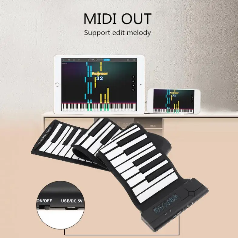 88 Keys Roll Up Piano USB MIDI Output Rechargeable Electronic Portable Silicone Flexible Keyboards Organ with Sustain Pedal