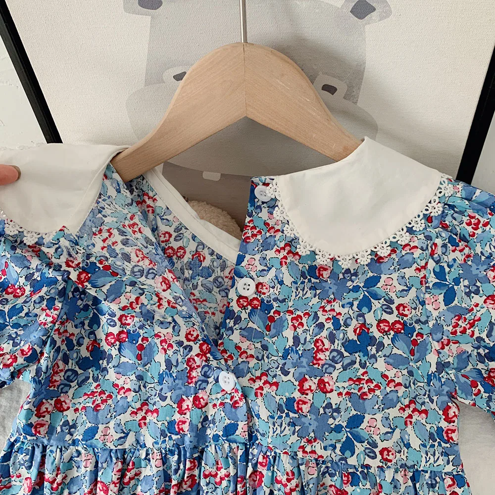 

Hollead Girls Blue Doll Collar Dresses 1-7 Years Children Summer Printing Calf Long Dresses Casual Puff Sleeve Cotton Clothes