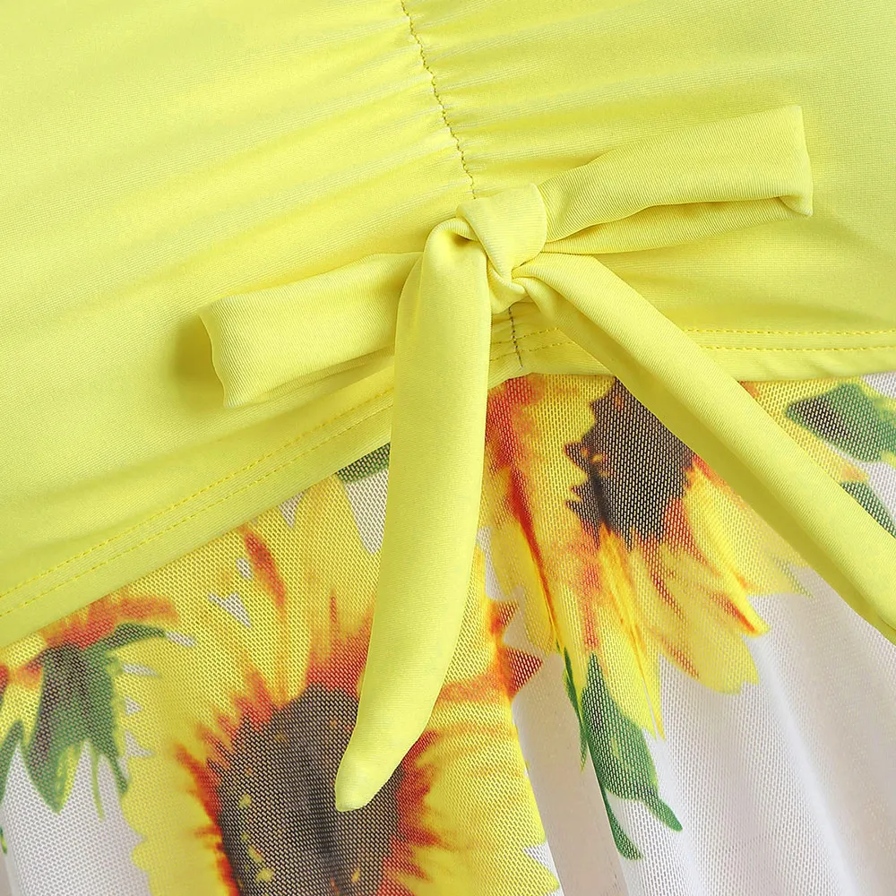 

Sexy Bowknot Contrast Halter Bikini Set Women Sunflower Print Swimsuit Plus Size Tankini Set Floral Swim Bathing Suit