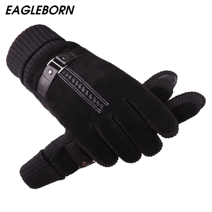 EAGLEBORN Winter Warm Men Gloves Casual Business Gloves Men Genuine Leather Gloves Mittens Men Outdoor Sport Full Finger Glove