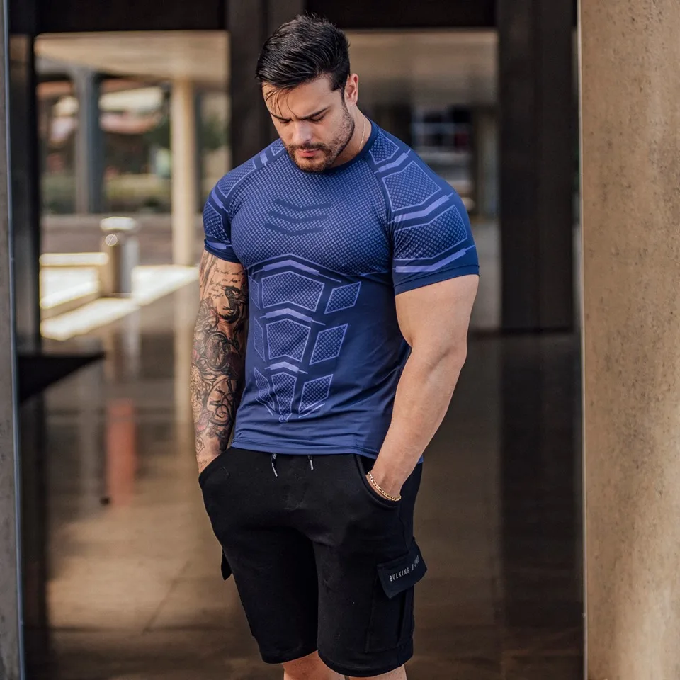 

Fitness T-shirt Men Compression Skinny Tee Tops Running Training Short Sleeve Gym Muscle Workout Sports Wear
