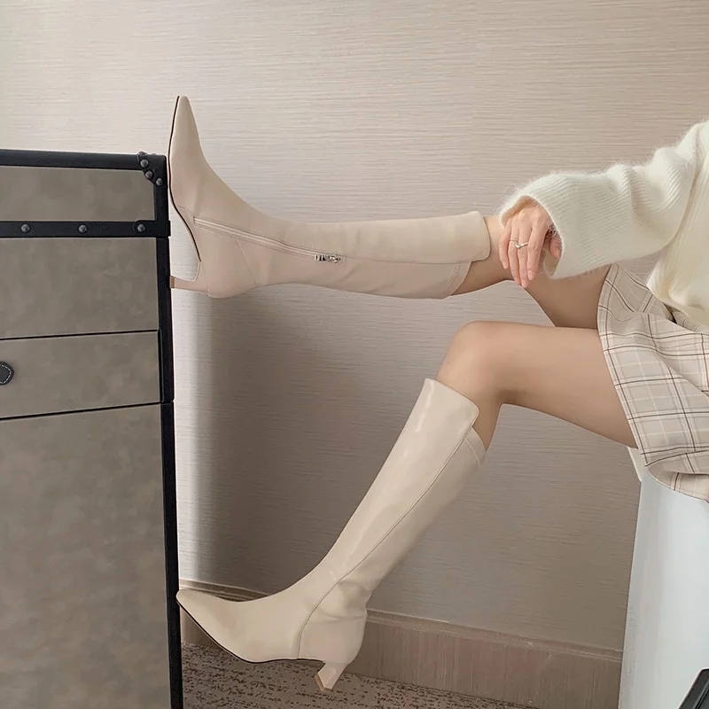 

Fashion Autumn Winter Women Knee High Boots Pointed Toe Thick High Heels Pumps Newest Party Basic Shoes Woman Black Long Boots