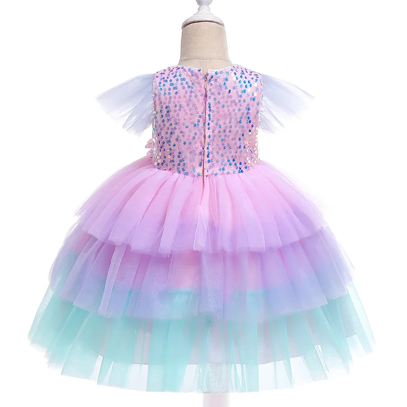 

Kids Summer Dresses For Girls Sequins Flowers Princess Cake Dress Baby Flying Sleeve Party Rainbow Vestidos Children Clothing
