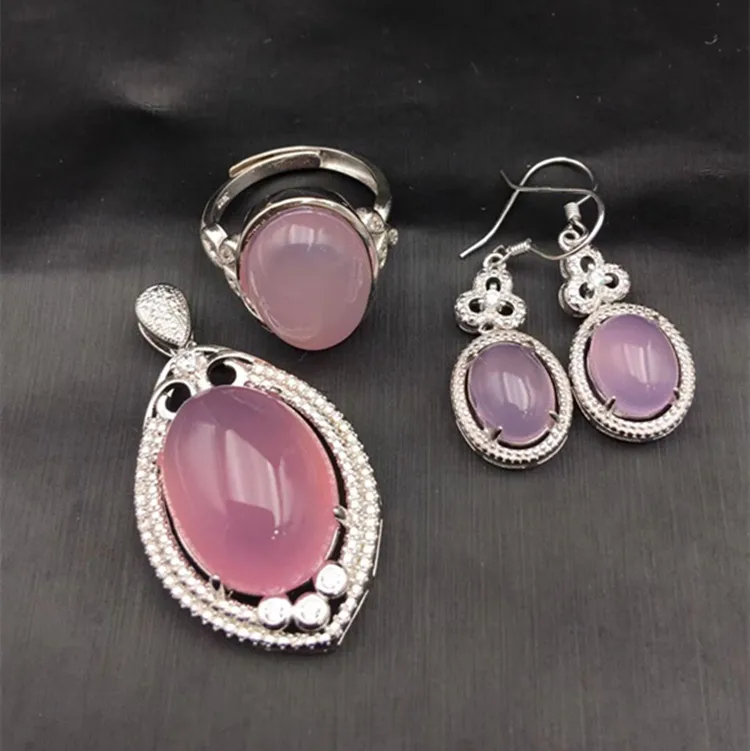 

Natural Genuine Silver Inlaid Chalcedony Three-Piece Water Drop Full Green Pendant 6 Color Chalcedony Ring Pendant Earring Set