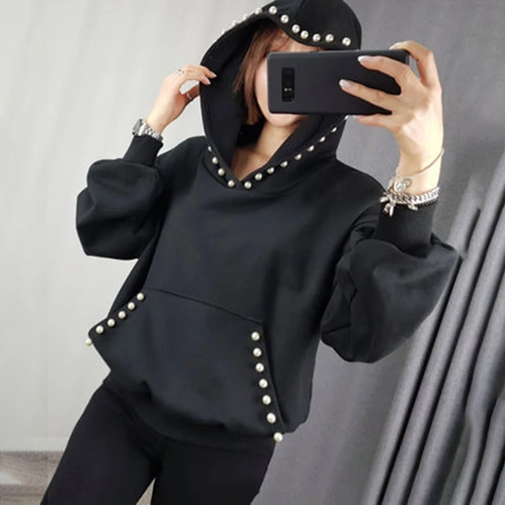 

2021 Office Ladies Elegant Plain Beading Pullover Hooded Coat Korean Causal Tops Outwear Gray
