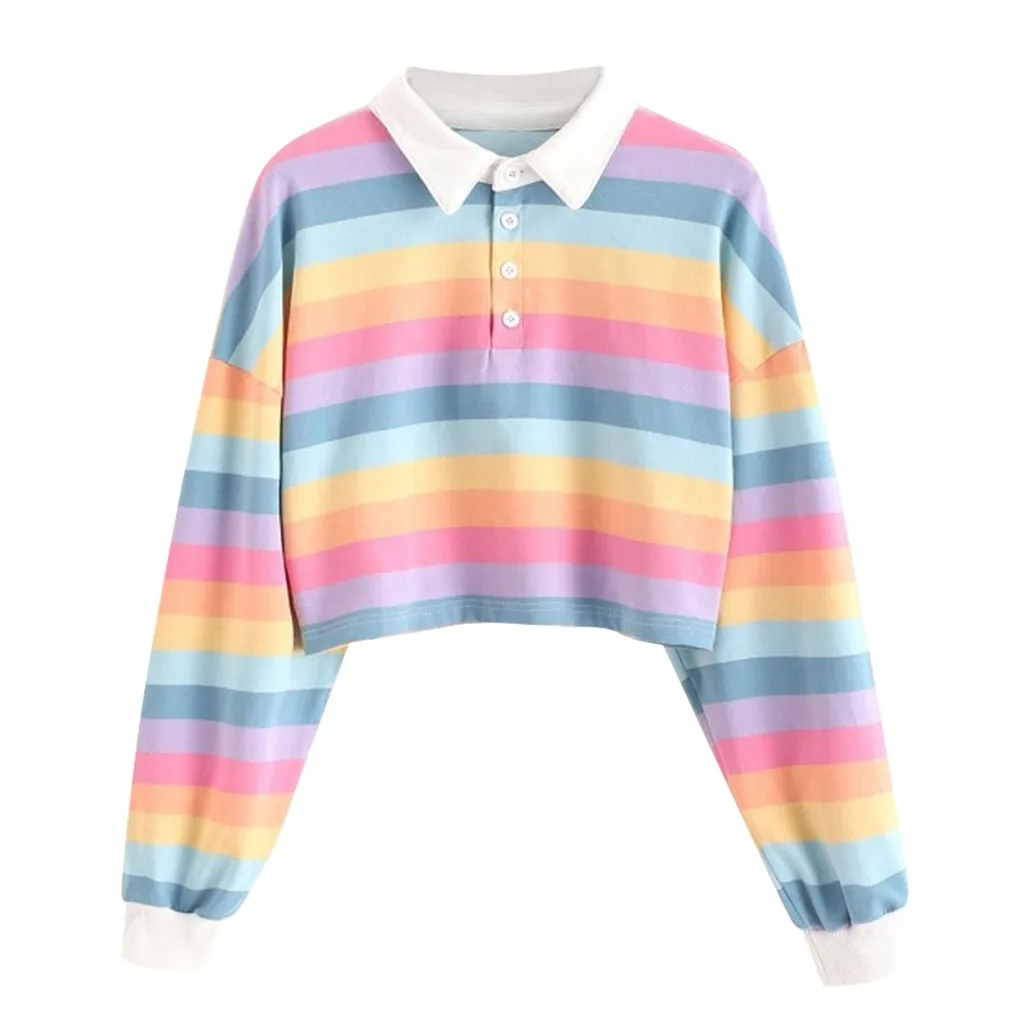 

Fashion Women Colorful Batchwork Blouse Stripe Button Long Sleeve Short Length Pullover Hoodies Sweatshirt Tops