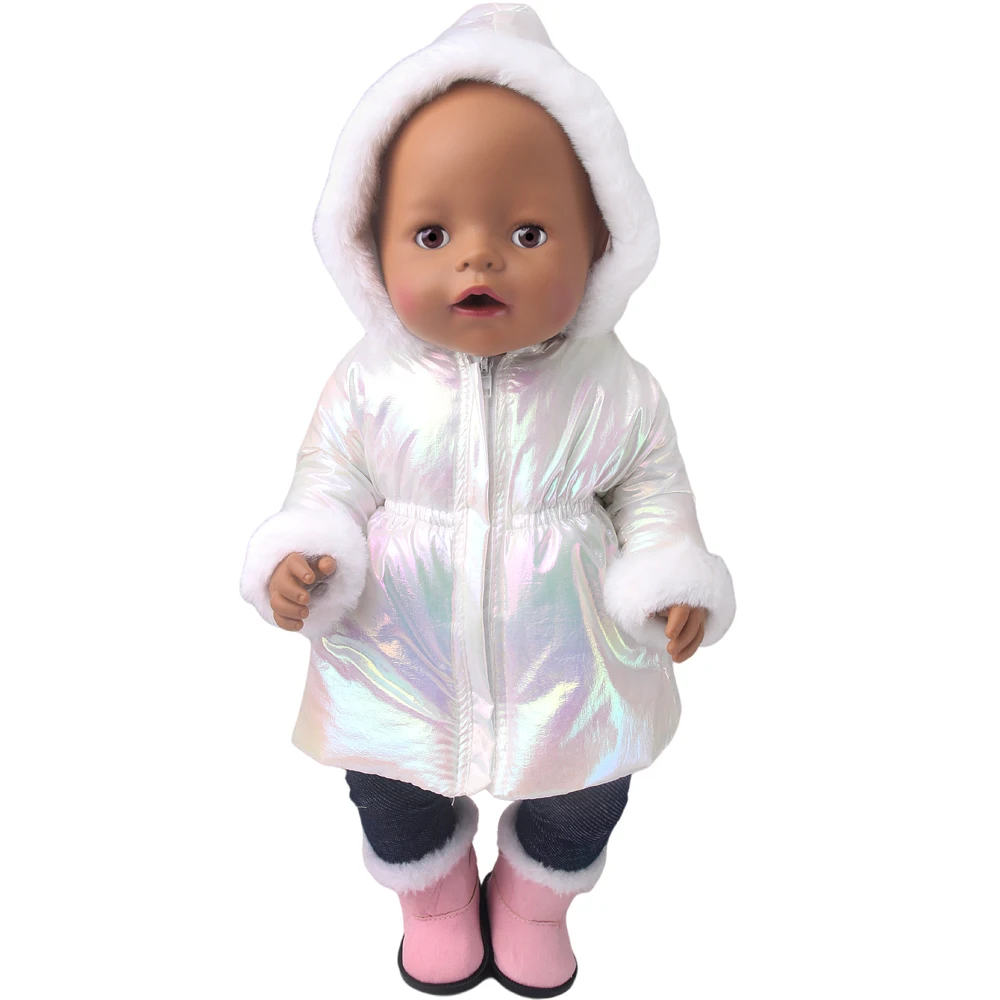 

2021 Baby New Born Fit 18 inch Doll Clothes Accessories Sequined White Plush Down Jacket Clothes For Baby Birthday Gift