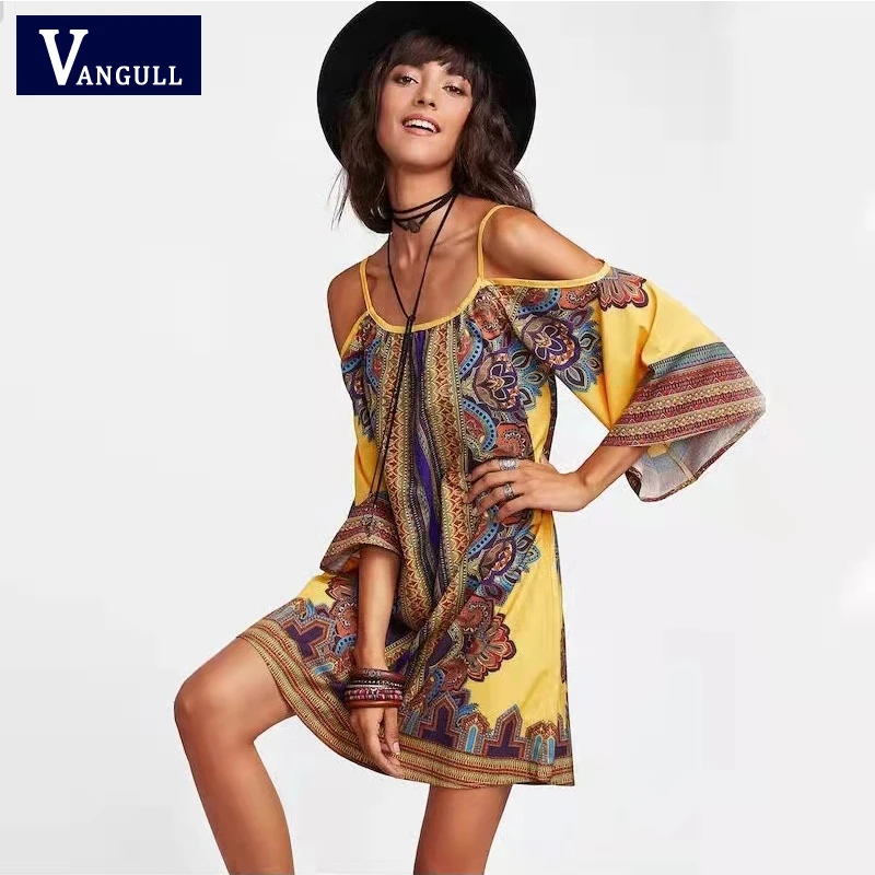 

Vangull Women Beach Sling Dress With Two Colors Off The Shoulder Flared Sleeves Loose Waist Casual 2021 Summer New Female Dress