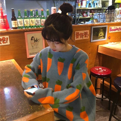 Зимний женский свитер модный свободный круглый вырез Harajuku морковь пуловеры с