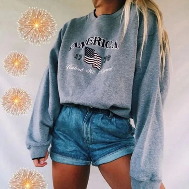 

Gray American Flag Letter Print Vintage Crewneck Sweatshirt Women Long Sleeve Loose Sports Casual Clothes for Teens Autumn Tops