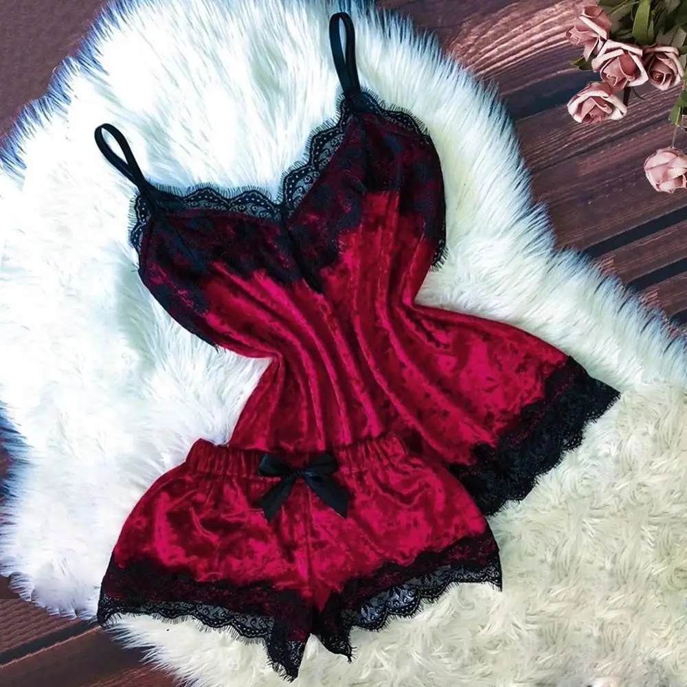 

Women Sleepwear Set Nightwear Set Sexy Lingerie Camisole Bow Shorts V-Neck Tops Velvet Pajamas Sleepwear Nuisette #2J19