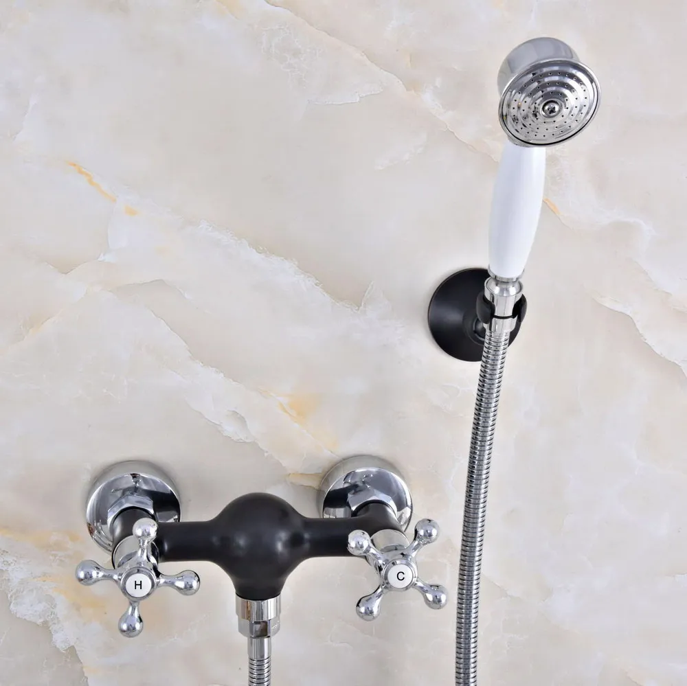 

Черное масло втирают бронзу и полированный хром двойные ручки настенные ванные смесители для душа кран с ручной душевой