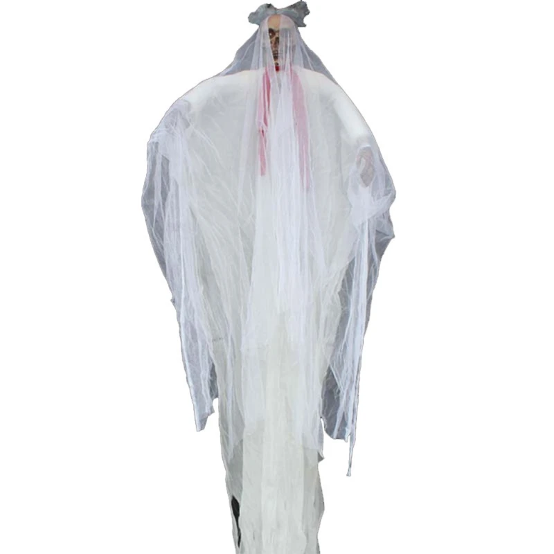 

Halloween Hanging Flying White Ghost Bride with LED Glowing Eyes Creepy Scary Skeleton Skull Haunted House Yard Home Party Decor