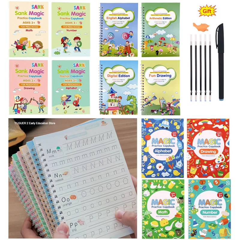 

4 Books/Sets of Magic Exercise Book, Reusable Children’s Toys To Write English Numbers and Letters Montessori 3D Calligraphy