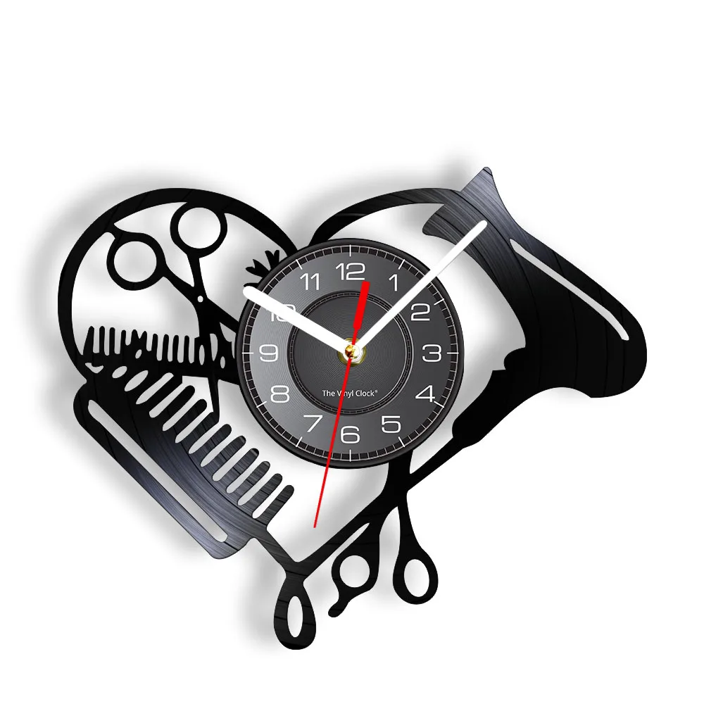 

Barber Shop Tools Vinyl Record Wall Clock Beauty Hair Salon Heart Shape Dryer Scissor Comb Hairstylist Design Silent Clock Watch