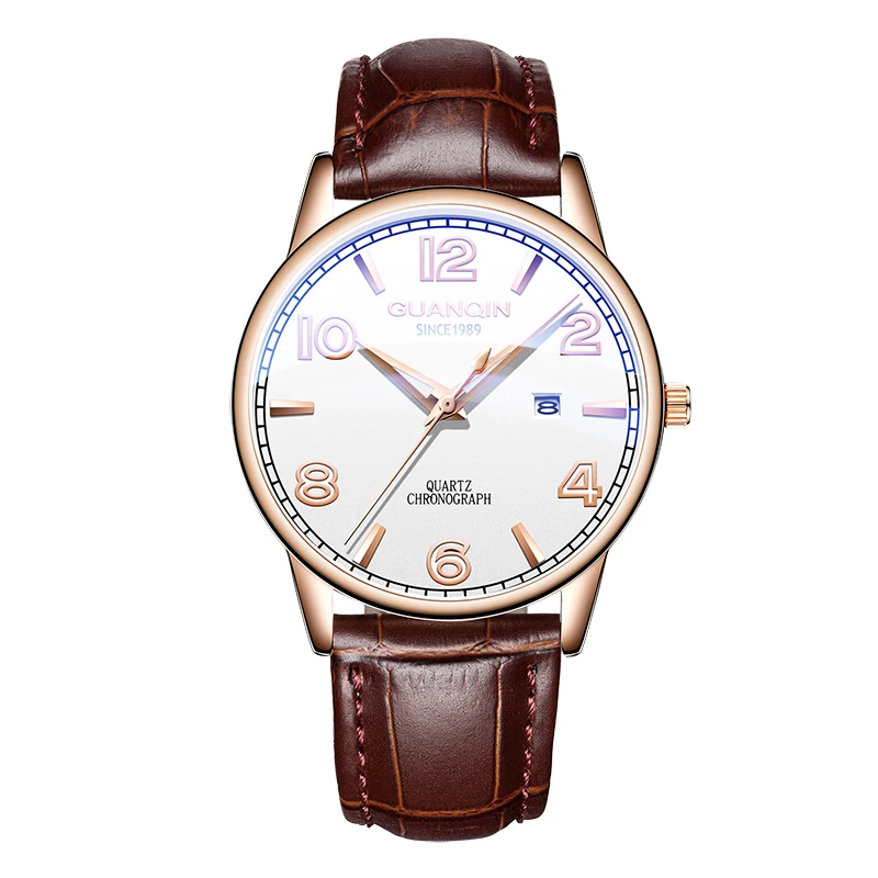 Rose White Brown Горячая GUANQIN мужские часы модные Дата светящиеся водонепроницаемые устойчивые к царапинам наручные часы носимые спортивные кожаные кварцевые часы - Цвет: Rose White Brown