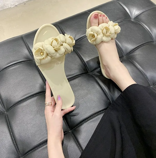 

Double C home new ladies fragrance camellia jelly drag women's beach soft bottom anti-slip ladies sandals and slippers fashion