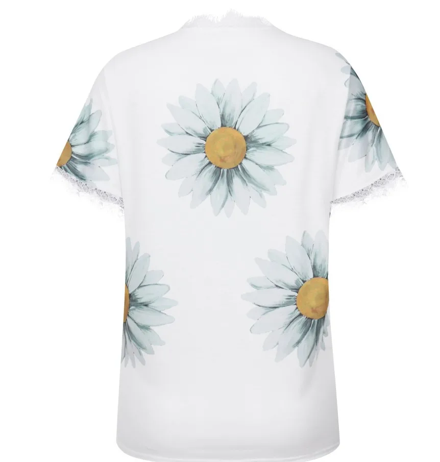 Летняя Кружевная футболка с V-образным вырезом и принтом Женский Повседневный