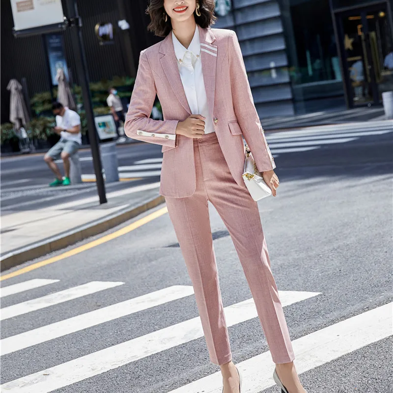 

Blue Blazer Oversize Casual Office Suit Autumn Winter 2021 Women Korean Fashion Pink Pant Suit Elegant Business Suit Two Piece