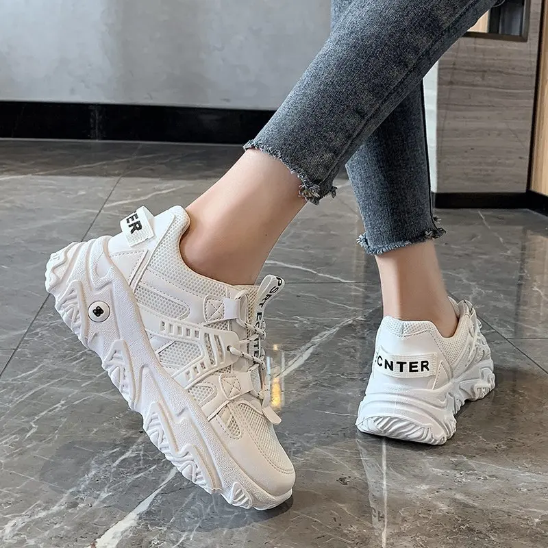 

Mesh Shoes Sneakers Women Trainers Leather Stitching Ladies Lace-up Platform Casual Shoes Students Daddy Shoes Zapatillas Mujer
