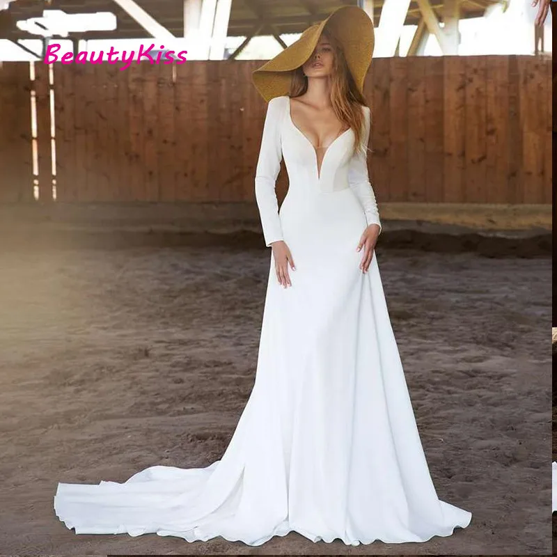 

Белое свадебное платье с длинным рукавом 2021, соблазнительные Простые Свадебные платья с глубоким V-образным вырезом, платье с открытой спин...