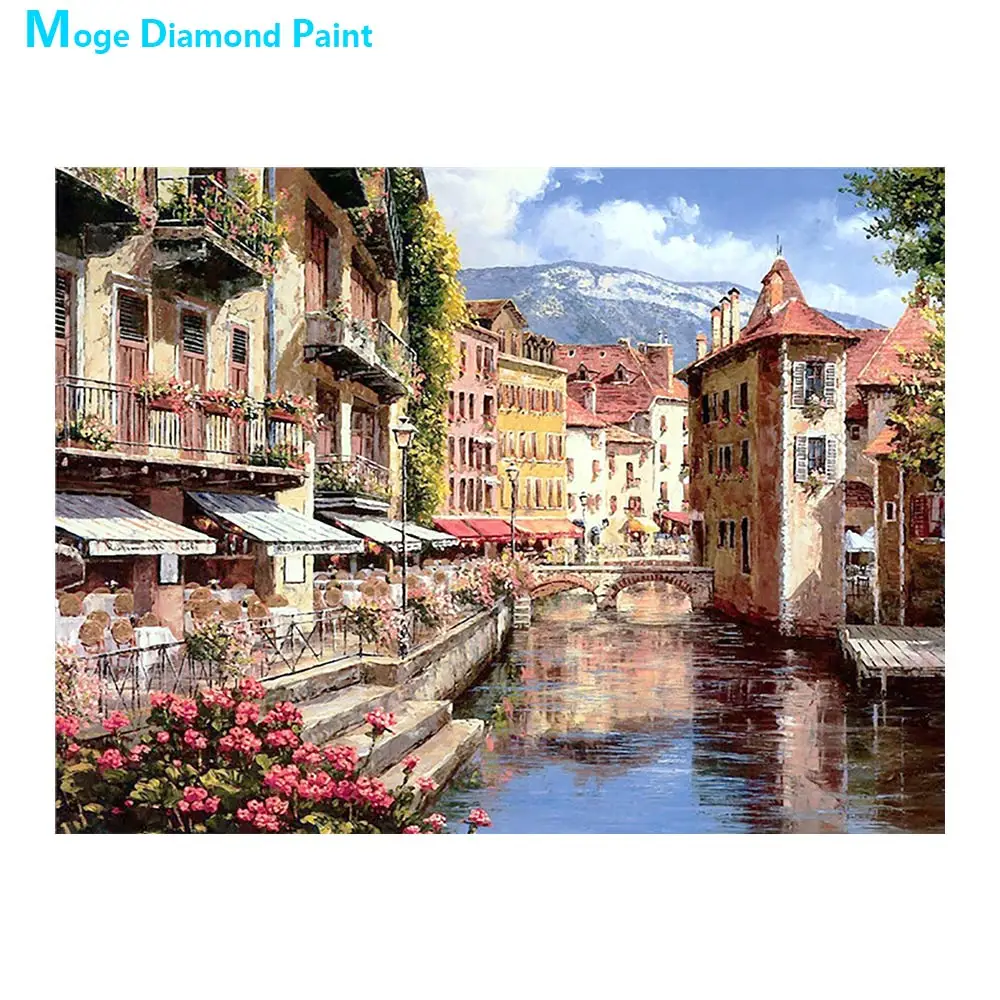 

Водянистый городской дом пейзаж, картина, выложенная алмазами круглая полная дрель Scenic Nouveaute DIY мозаика вышивка 5D вышитые крестом подарки