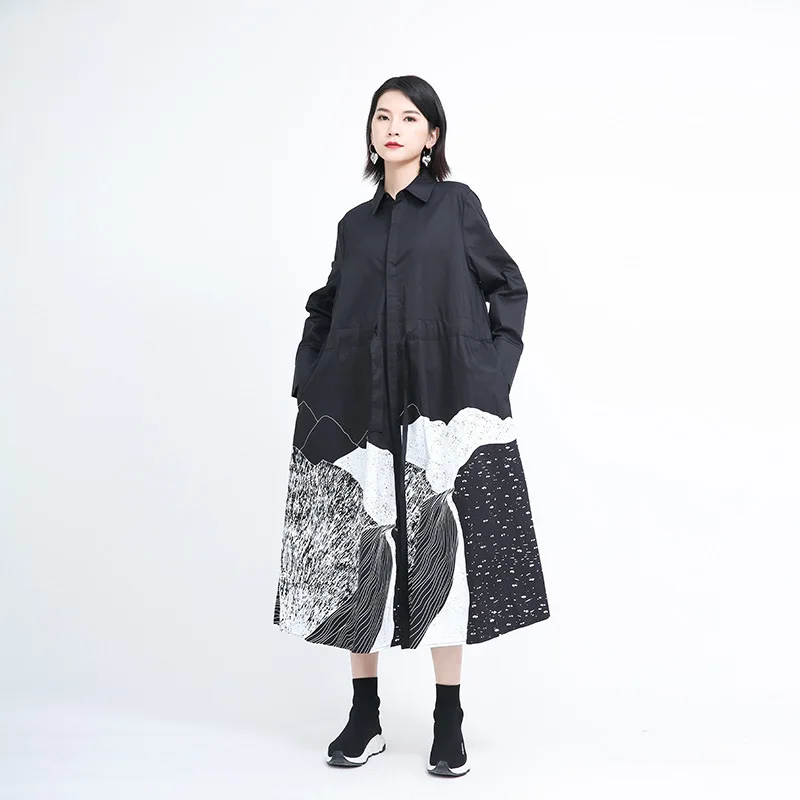 

Женское платье 2021 Весна Готический абстрактным принтом личность уличная до середины икры большой размер свободного размера плюс комплект ...