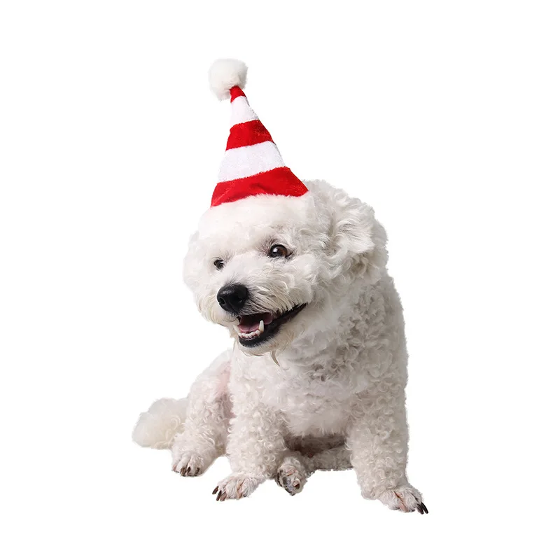 

1pc Fluffy Red White Stripe Christmas Cap Pet Cat Dog Totoro Puppy Pet Hat with Elastic Band Christmas Party Decoration 2021