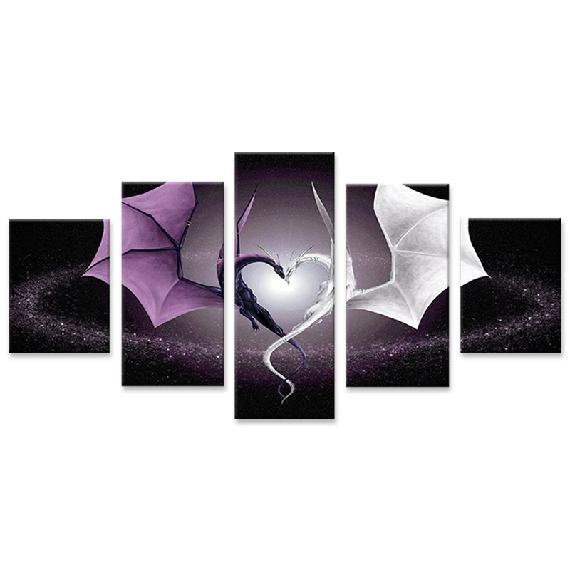 

Pictures Vintage Home Decor 5 Panel Dragon Love Paintings On Canvas Wall Modular Pictures For BedRoom HD Print Modern Framework
