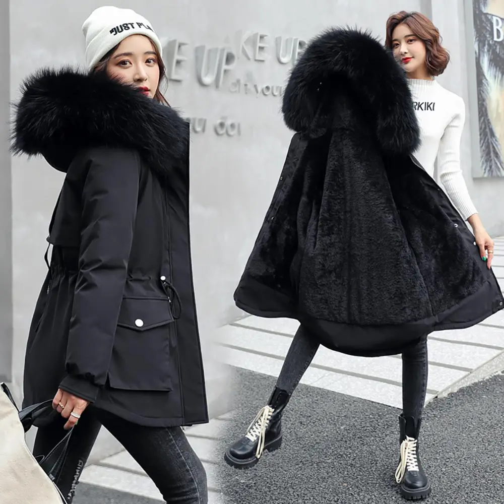 PinkyIsBlack Short Hooded Fur Liner Parkas With Pockets Winter Jackets For Women 2021 New Casual Slim Winter Coat Women Outwear