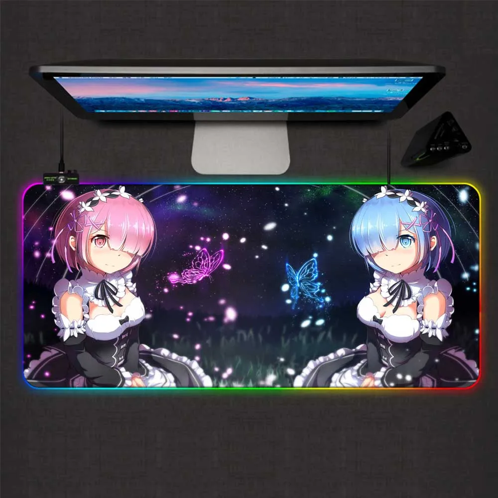 

XGZ Re Zero Anime Girl Gaming Mouse Pad RGB Large Gamer Lock Mausepads Led Backlight XXL Computer Office Keyboard Desk Mat